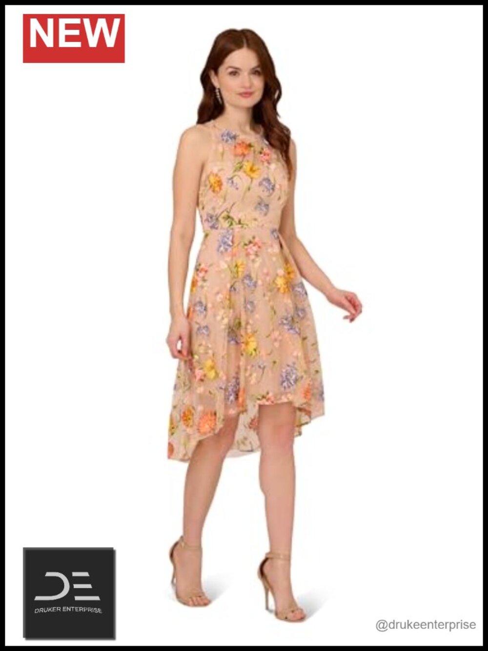 Embroidery Midi Dress Halter High-Low Blouson